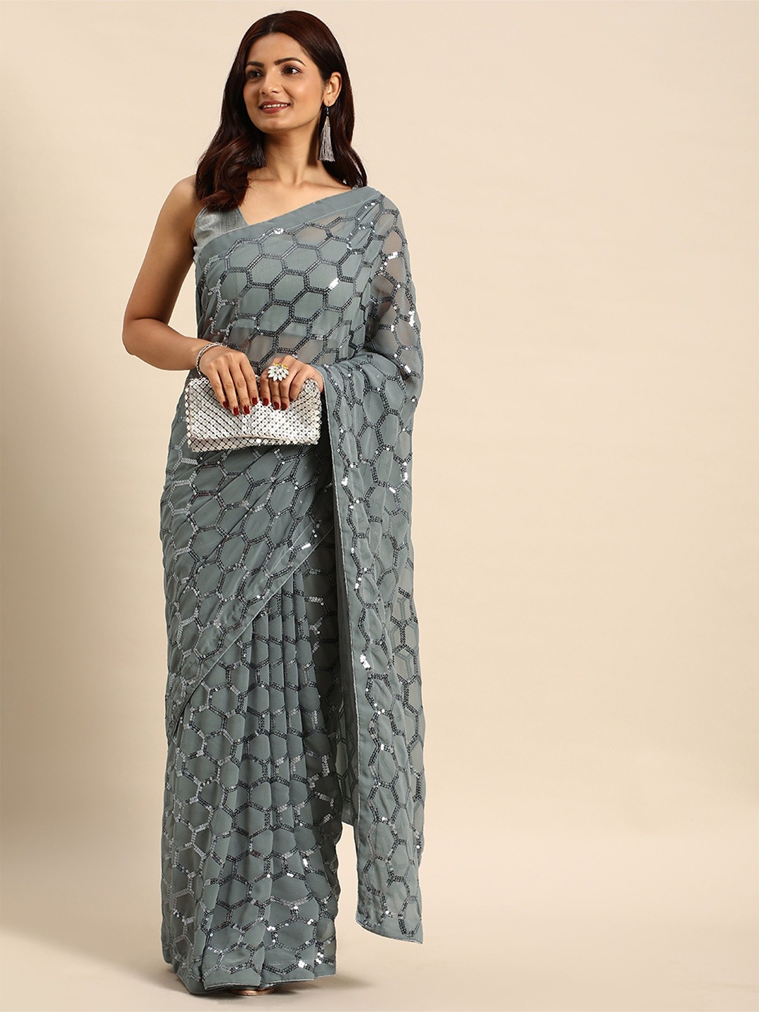 

Moda Rapido Embellished Sequinned Pure Georgette Saree With Unstiched Blouse Piece, Grey