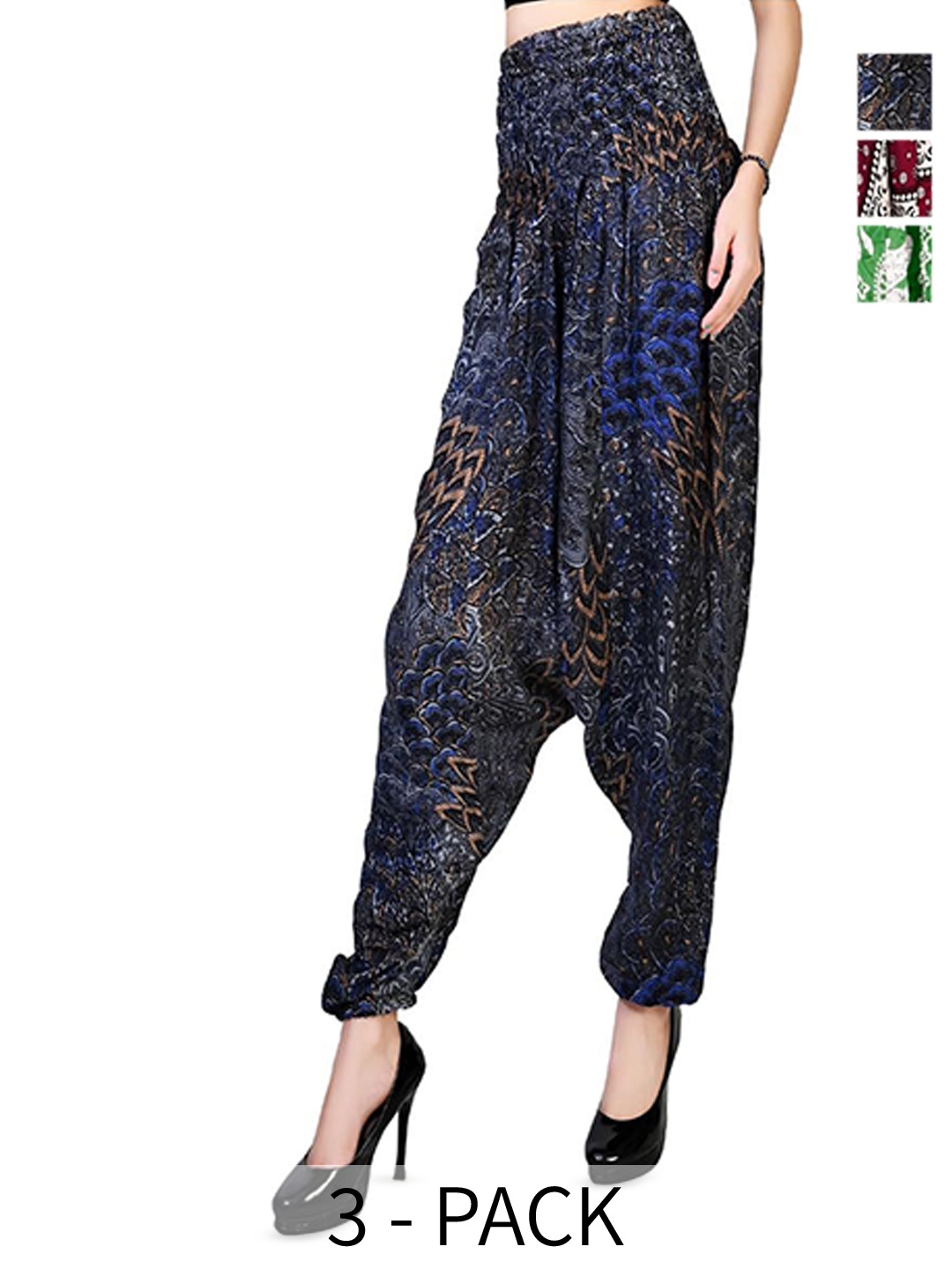 

NarNari Women Pack Of 3 Printed Loose Fit Mid-Rise Harem Pants, Blue