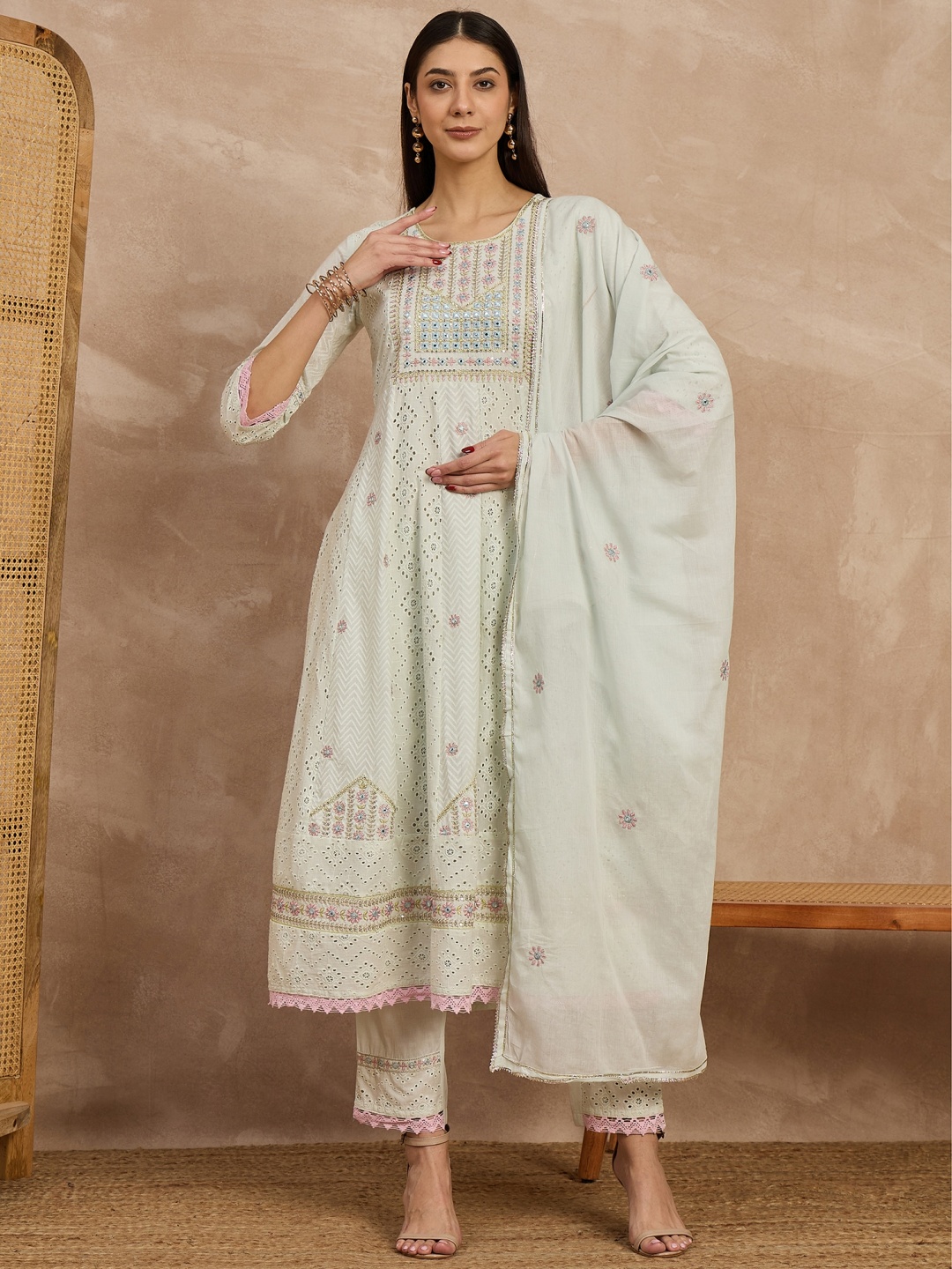 

all about you Embroidered Mirror Work Pure Cotton Anarkali Kurta With Trousers & Dupatta, White