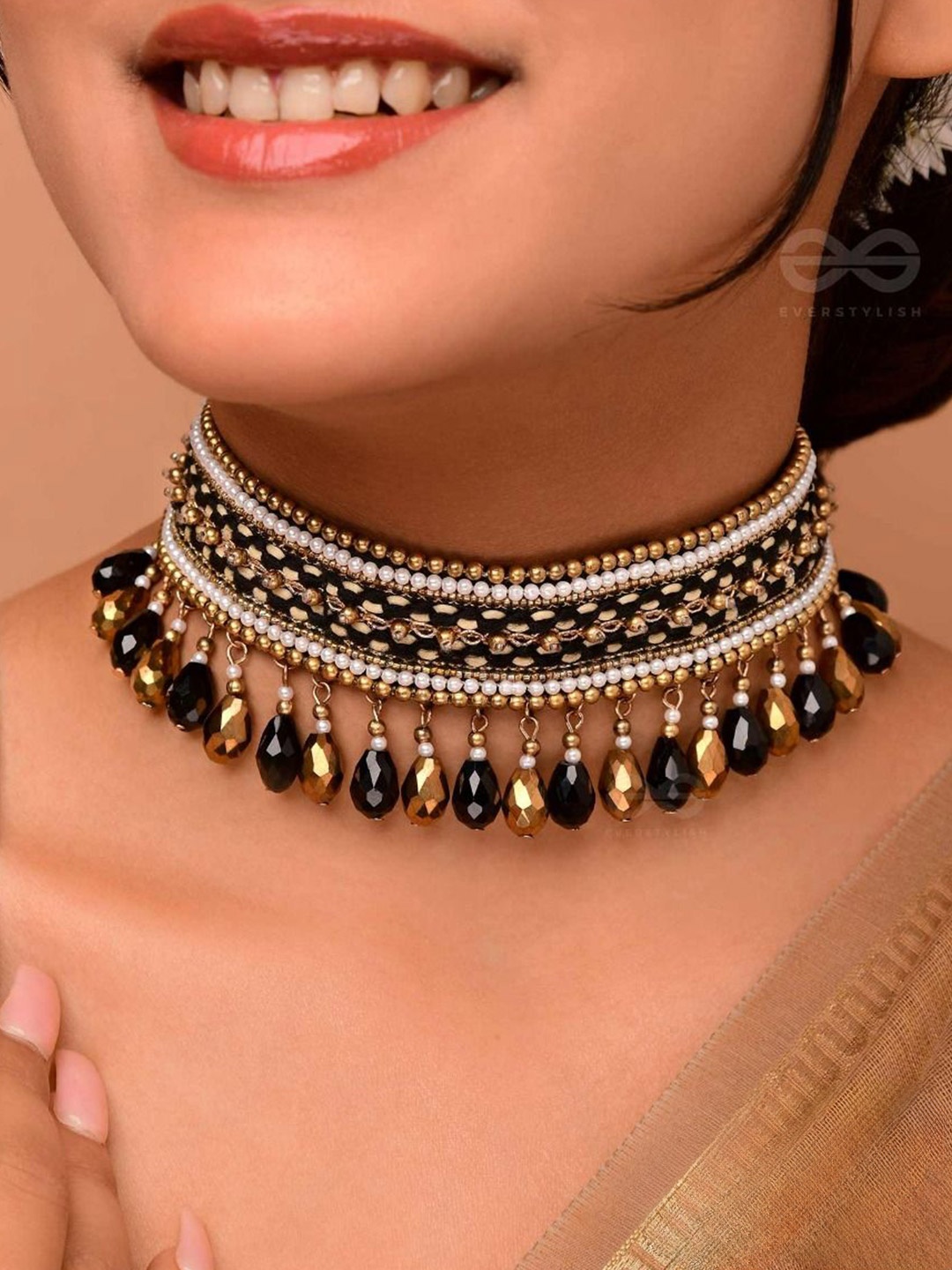 

EVERSTYLISH Sanjoya Beads & Glass Drops Embroidered Choker Neckpiece, Gold