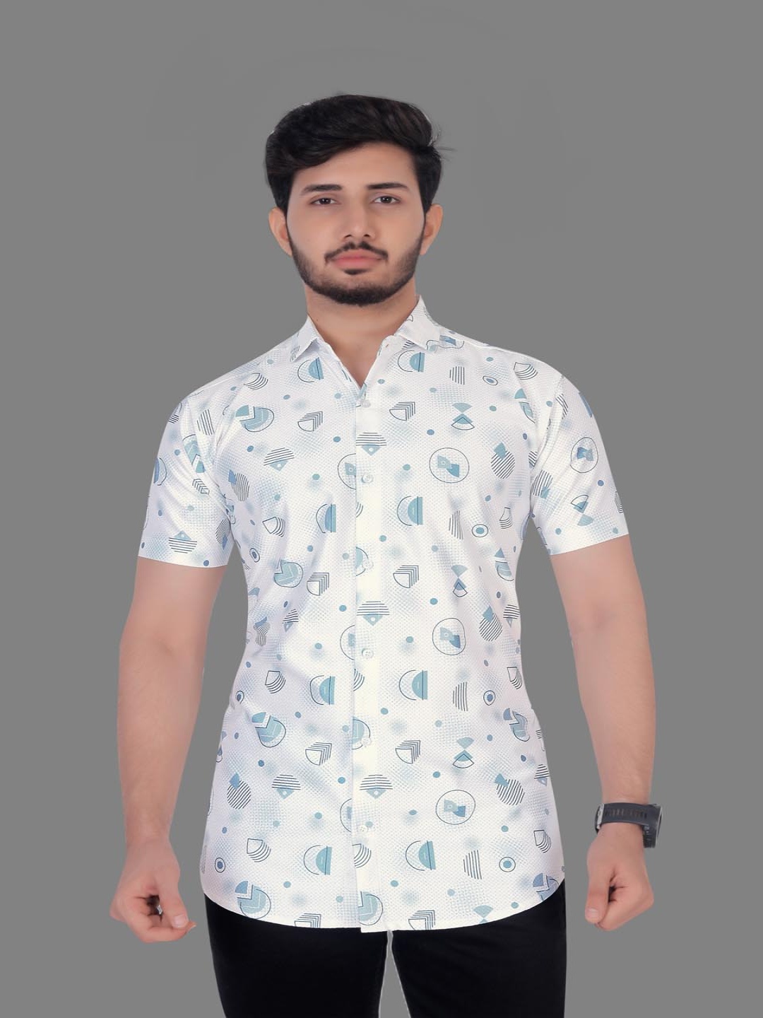 

QOSHA Men Standard Slim Fit Spread Collar Geometric Printed Casual Shirt, White