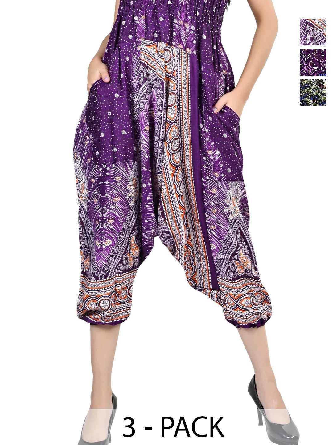 

NarNari Women Pack Of 3 Printed Mid-Rise Harem Pants, Purple