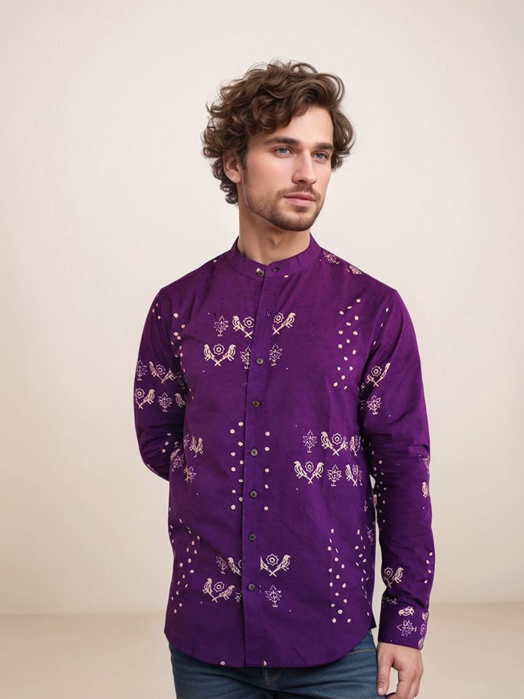 

SHANLIYA Men Classic Fit Mandarin Collar Ethnic Motifs Cotton Casual Shirt, Purple