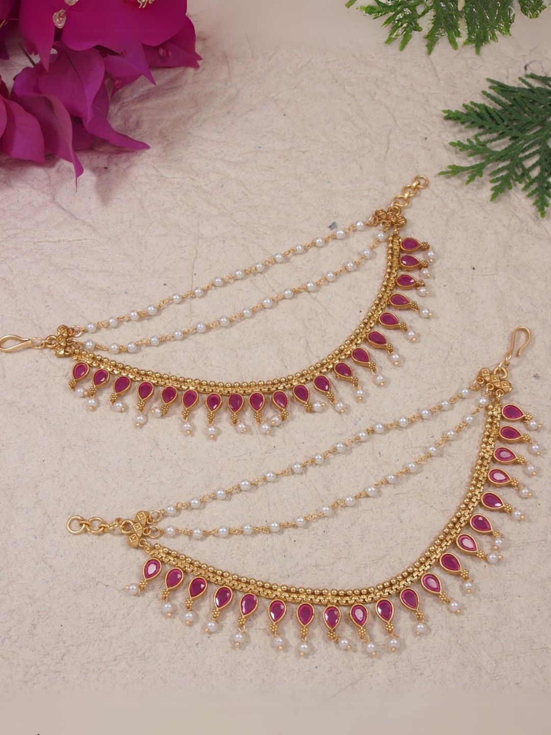 

I Jewels Gold-Plated Stones Studded And Beaded Contemporary Shaped Tasselled Ear Cuff
