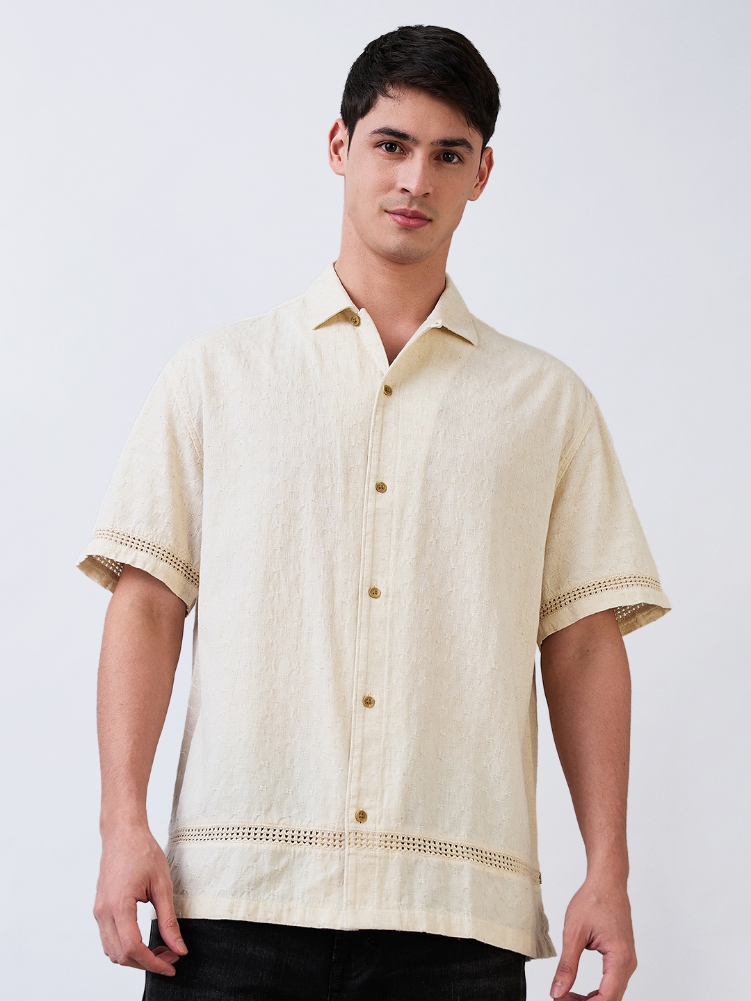 

SPYKAR Men Relaxed Fit Cuban Collar Textured Cotton Casual Shirt, Beige