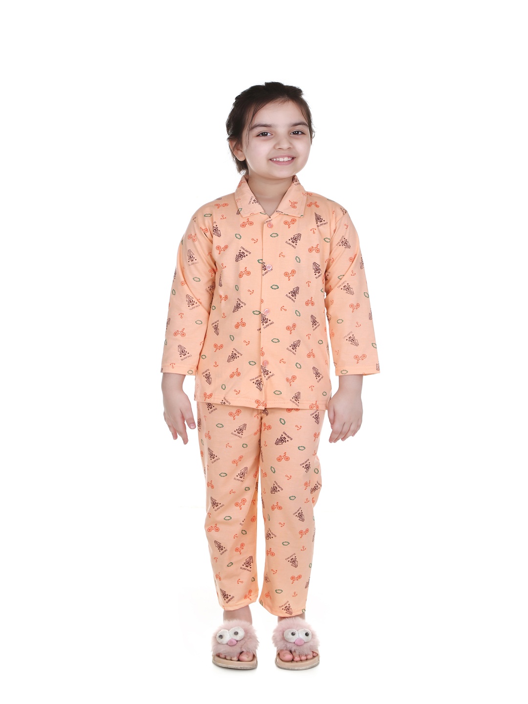 

MMShopy Kids Printed Shirt Collar Night suit, Orange