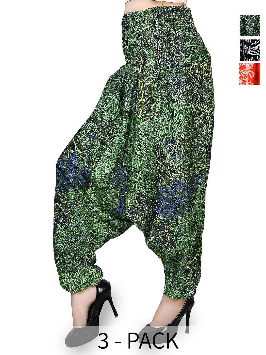 

NarNari Women Pack Of 3 Printed High Rise Harem Pants, Green