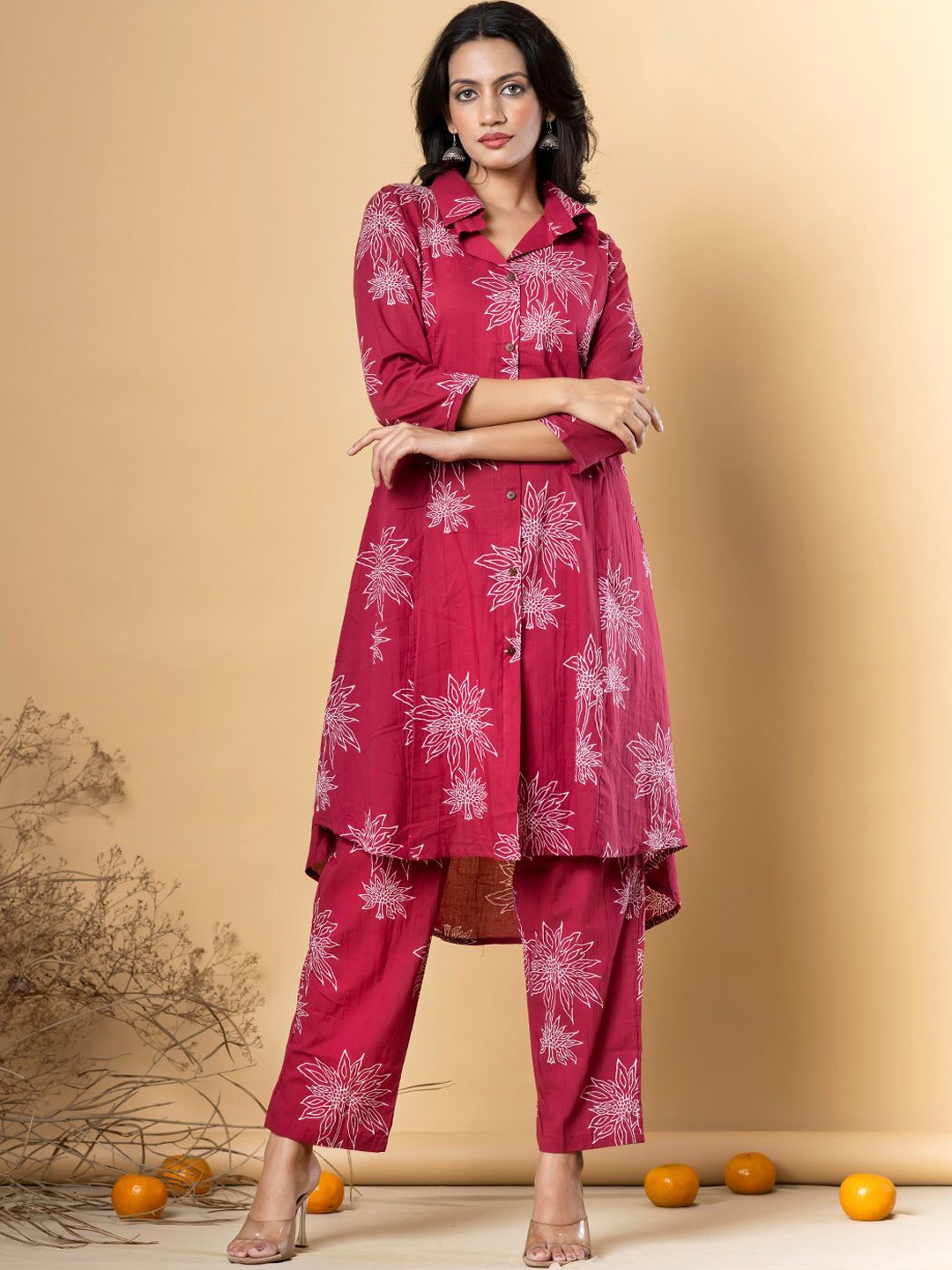 

Readiprint Fashions Floral Printed Panelled Pure Cotton High-Low Kurta with Palazzos, Red