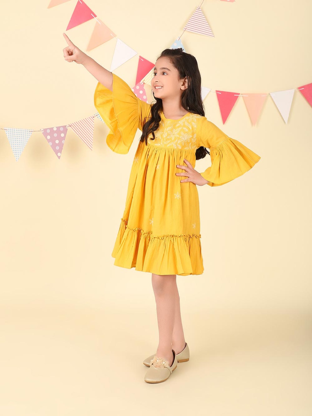 

Fabindia Girls Embroidered Bell Sleeve Empire Dress, Yellow