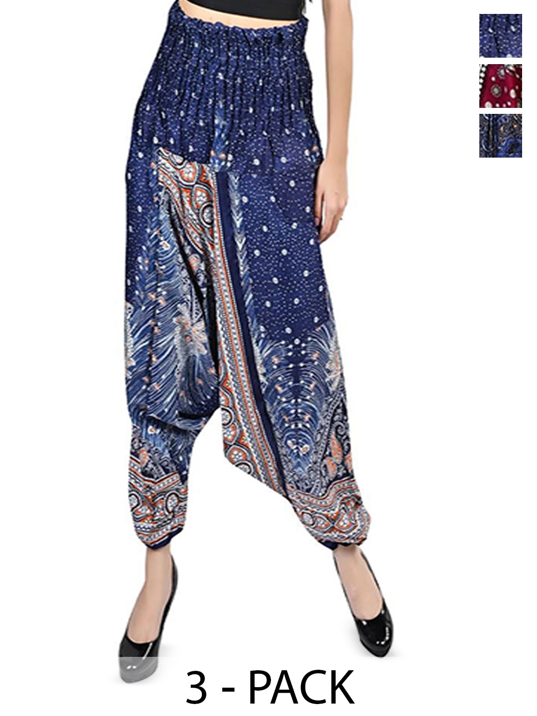 

NarNari Women Pack Of 3 Printed High-Rise Harem Pants, Blue