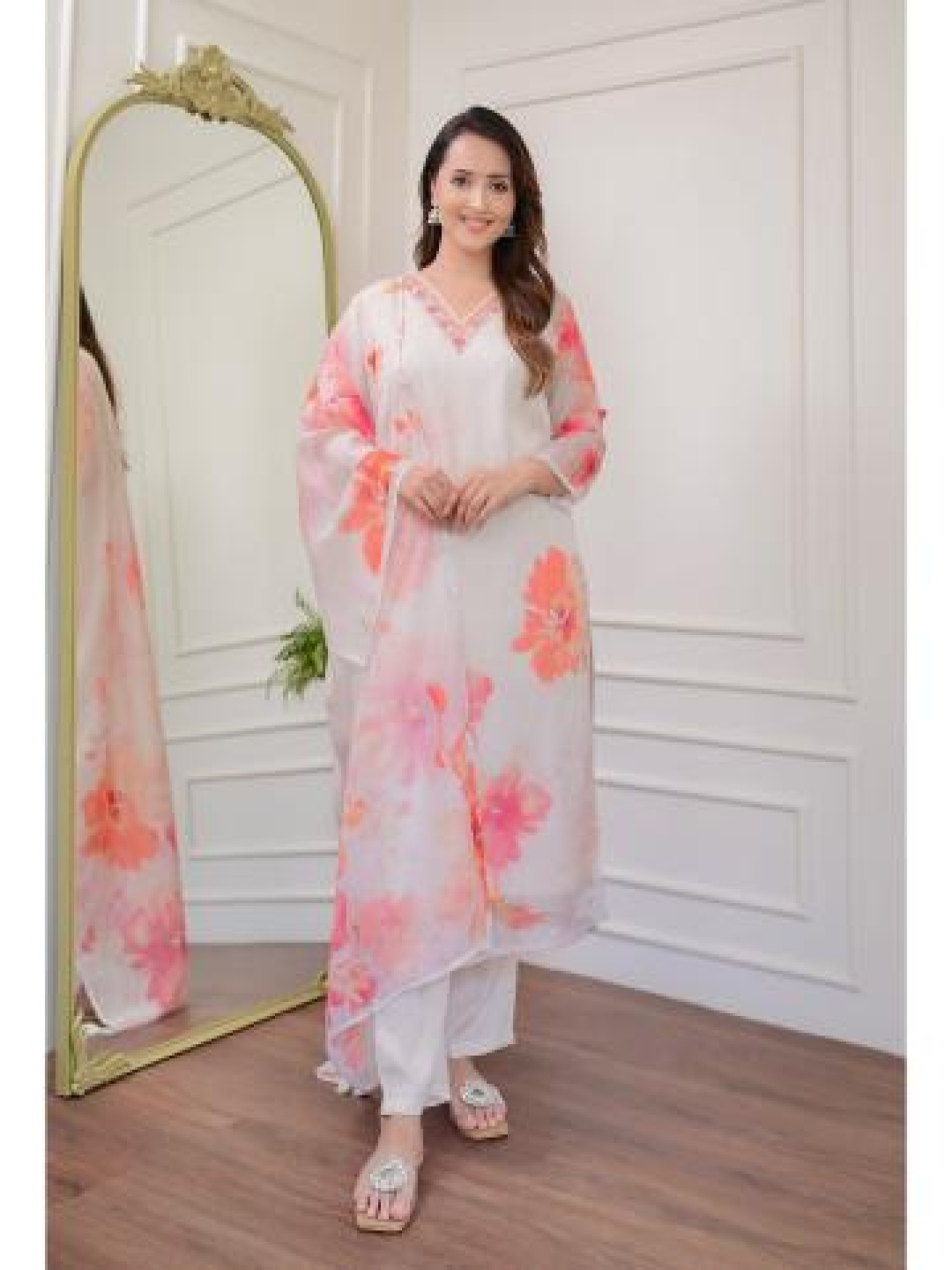 

Moda Rapido Floral Printed V-Neck Straight Kurta With Trousers & Dupatta, White