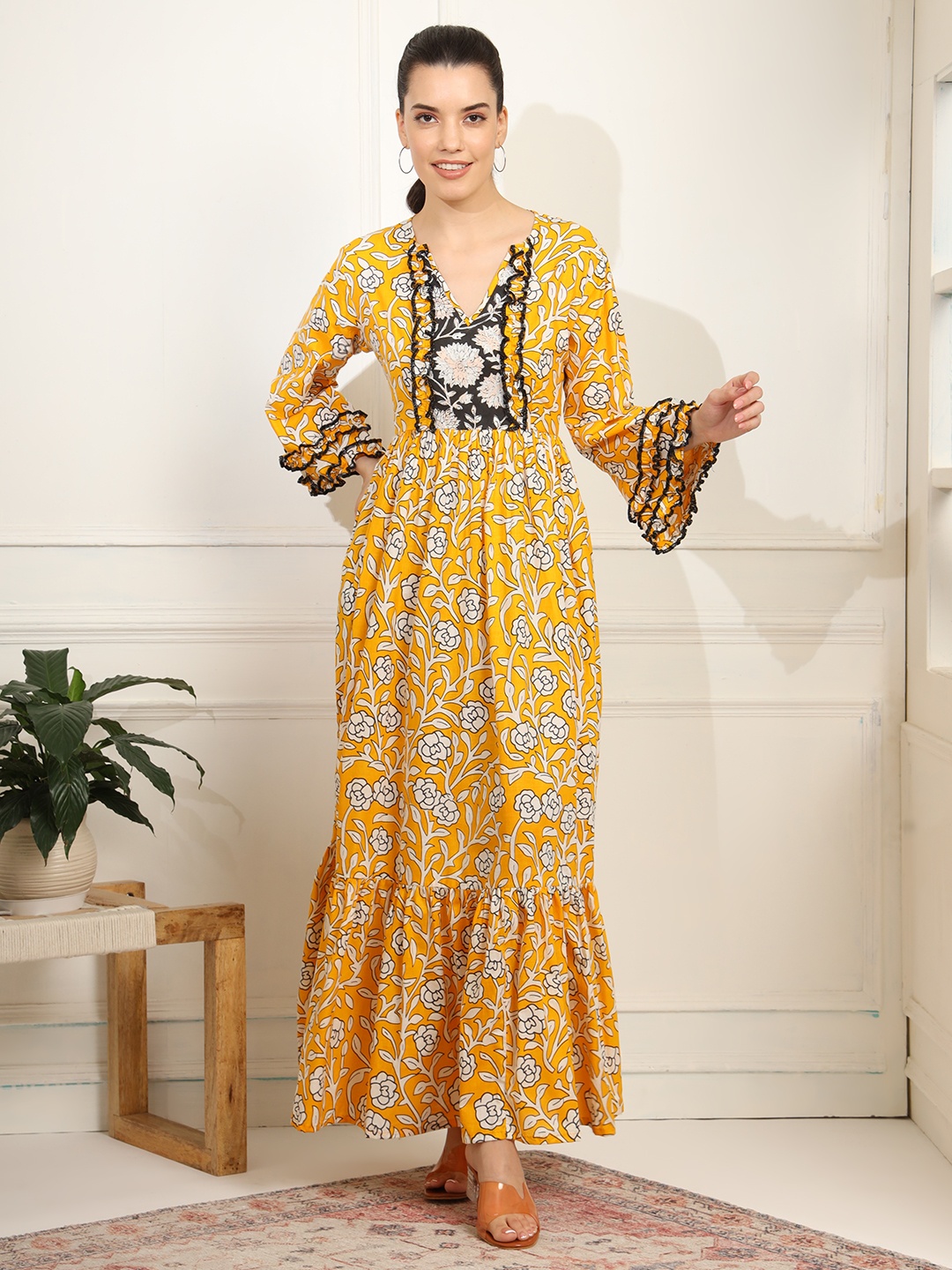 

SUFIZA LIFESTYLE Floral Print Tie-Up Neck Bell Sleeve Maxi Dress, Yellow