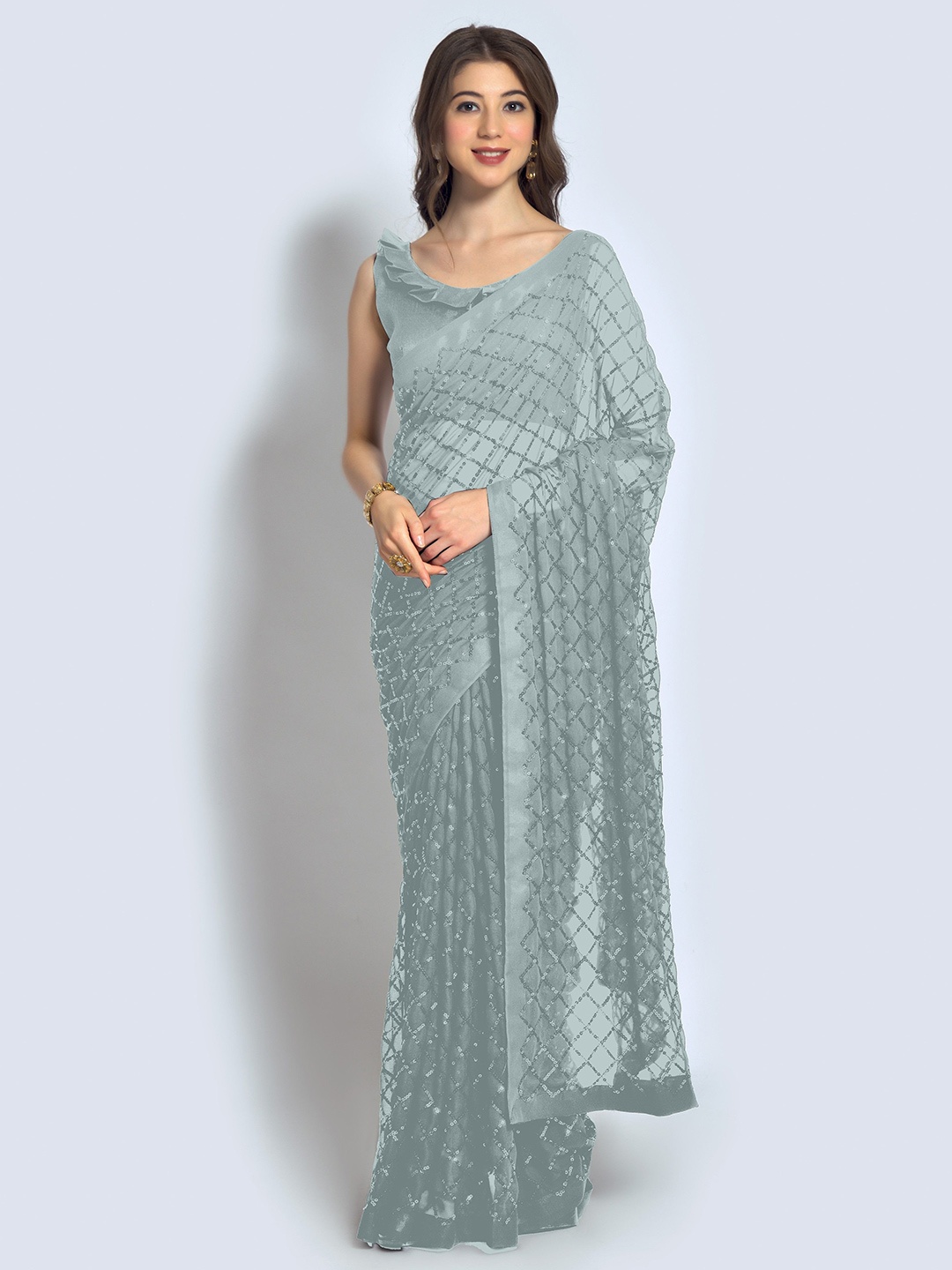 

Moda Rapido Embellished Sequinned Pure Georgette Saree, Grey