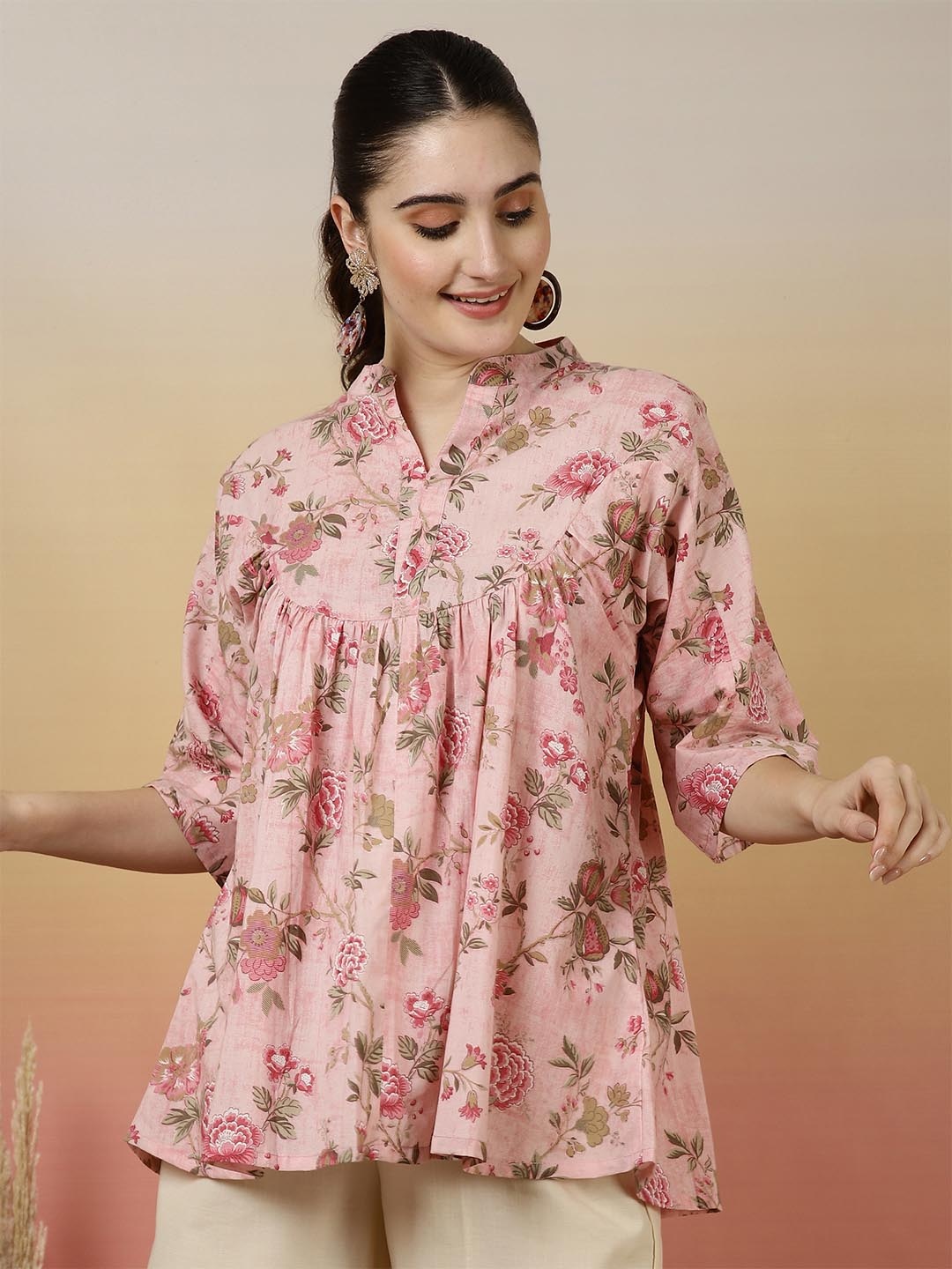 

NISHABD Women Floral Printed Oversized Mandarin Collar Cotton Top, Pink