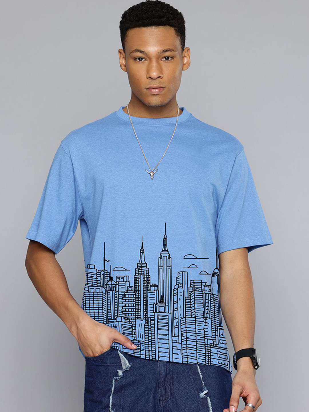 

Moda Rapido Men Graphic Printed Round Neck Cotton Relaxed Fit T-shirt, Blue