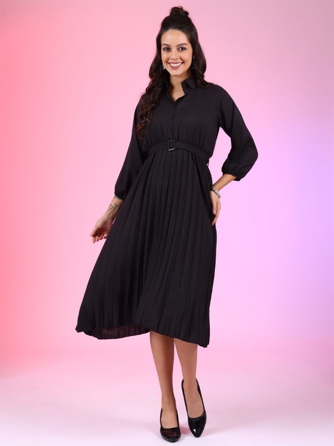 

Vastani Enterprise Shirt Collar Crepe Fit & Flare Dress, Black
