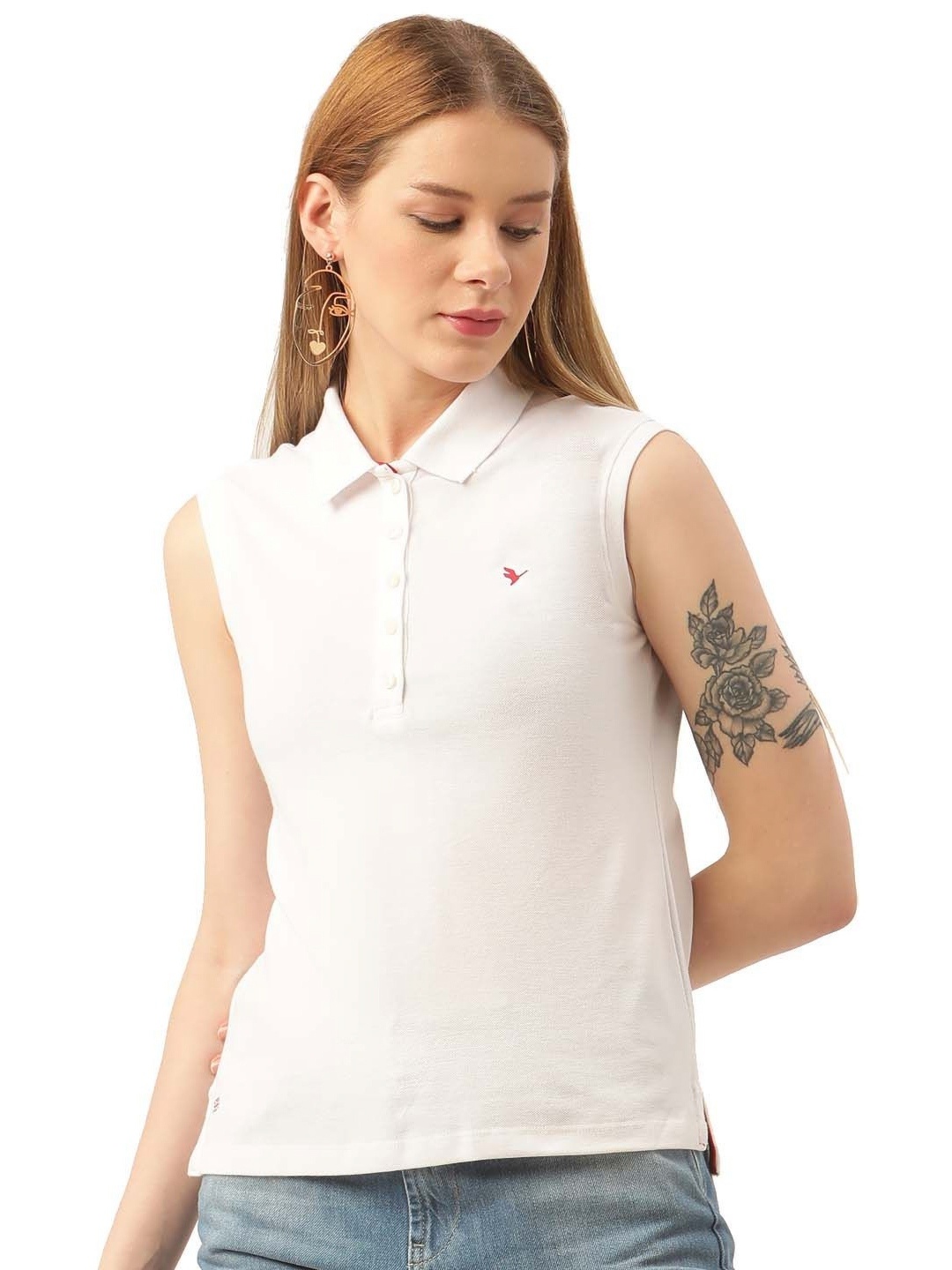 

AMSWAN Women Solid Polo Collar Cotton T-shirt, White