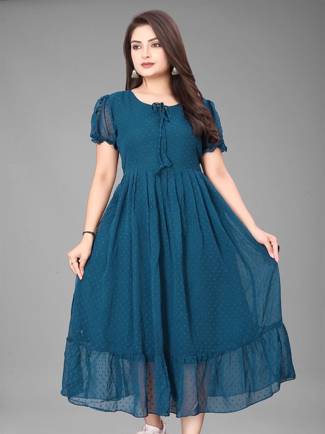 

KRISHTI CREATION Women Puff Sleeve Fit & Flare Midi Dress, Blue