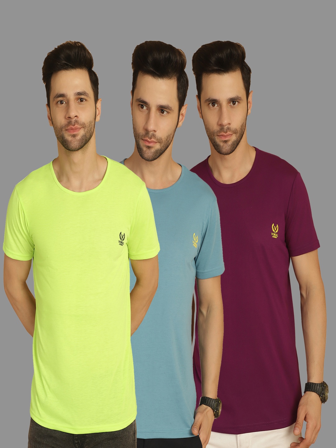 

VIMAL JONNEY Men Pack Of 3 Solid Round Neck Cotton T-shirts, Green