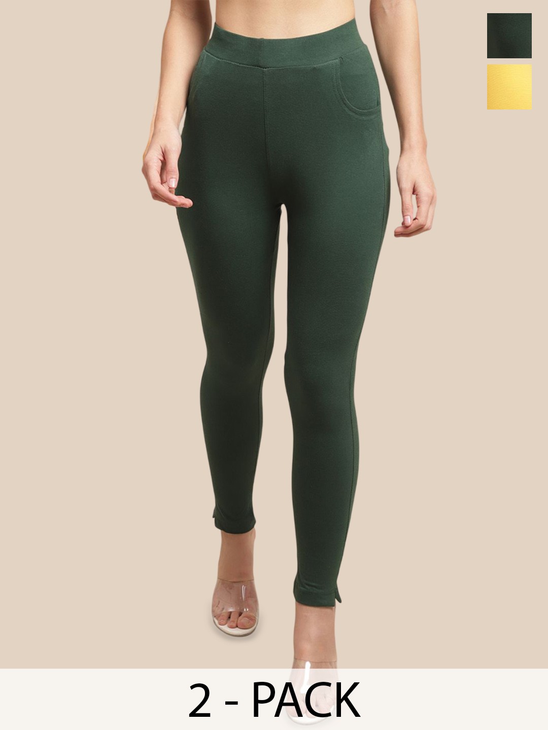 

Valles365 by S.C. Plus Size Women Pack Of 2 Ankle Length Cotton Leggings with Pocket, Yellow