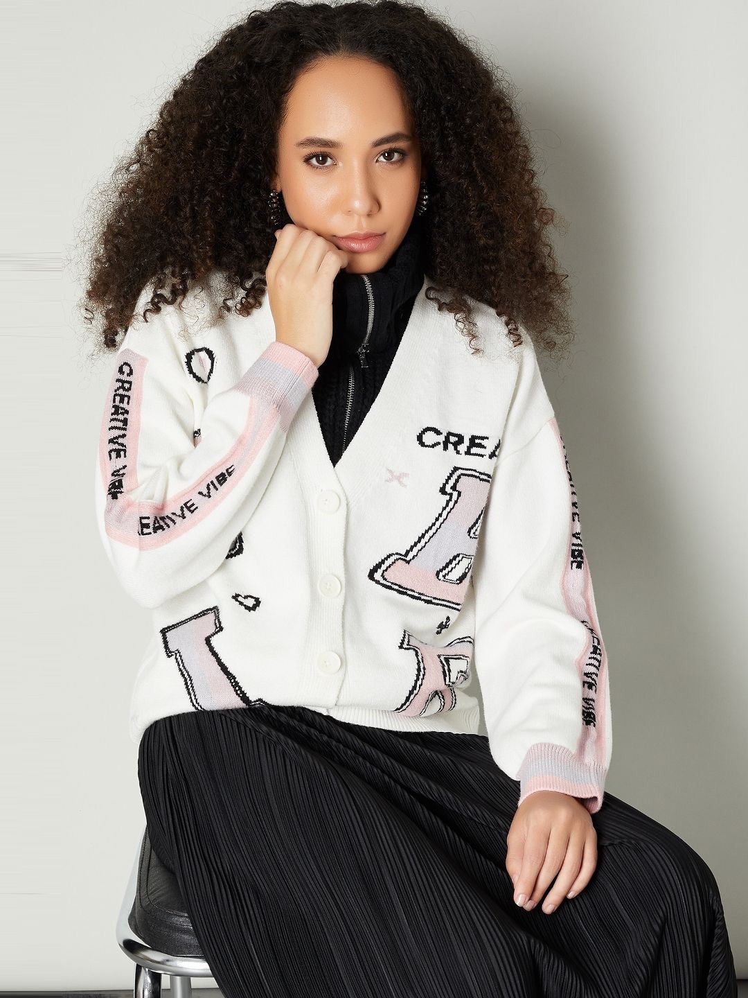 

max Women Typography Printed Cardigan, White