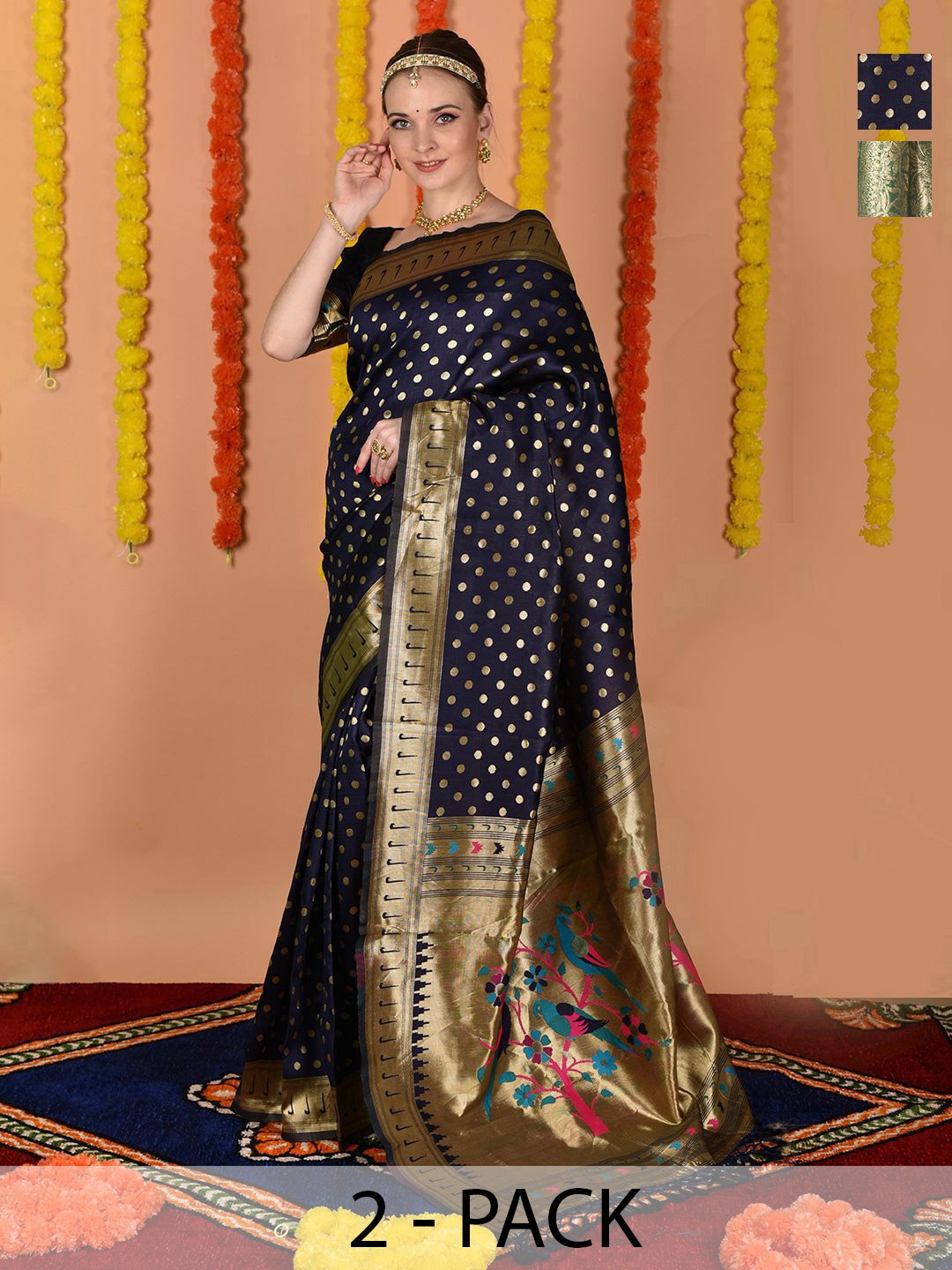 

Anouk Rustic Pack of 2 Woven Design Zari Banarasi Saree, Navy blue