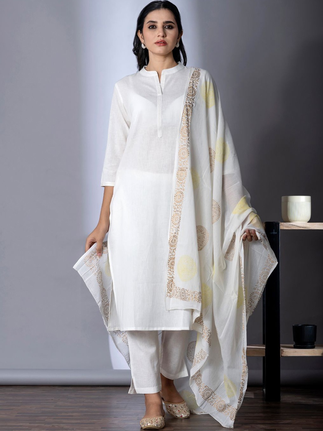 

Readiprint Fashions Regular Mandarin Collar Kurta with Palazzos & With Dupatta, White