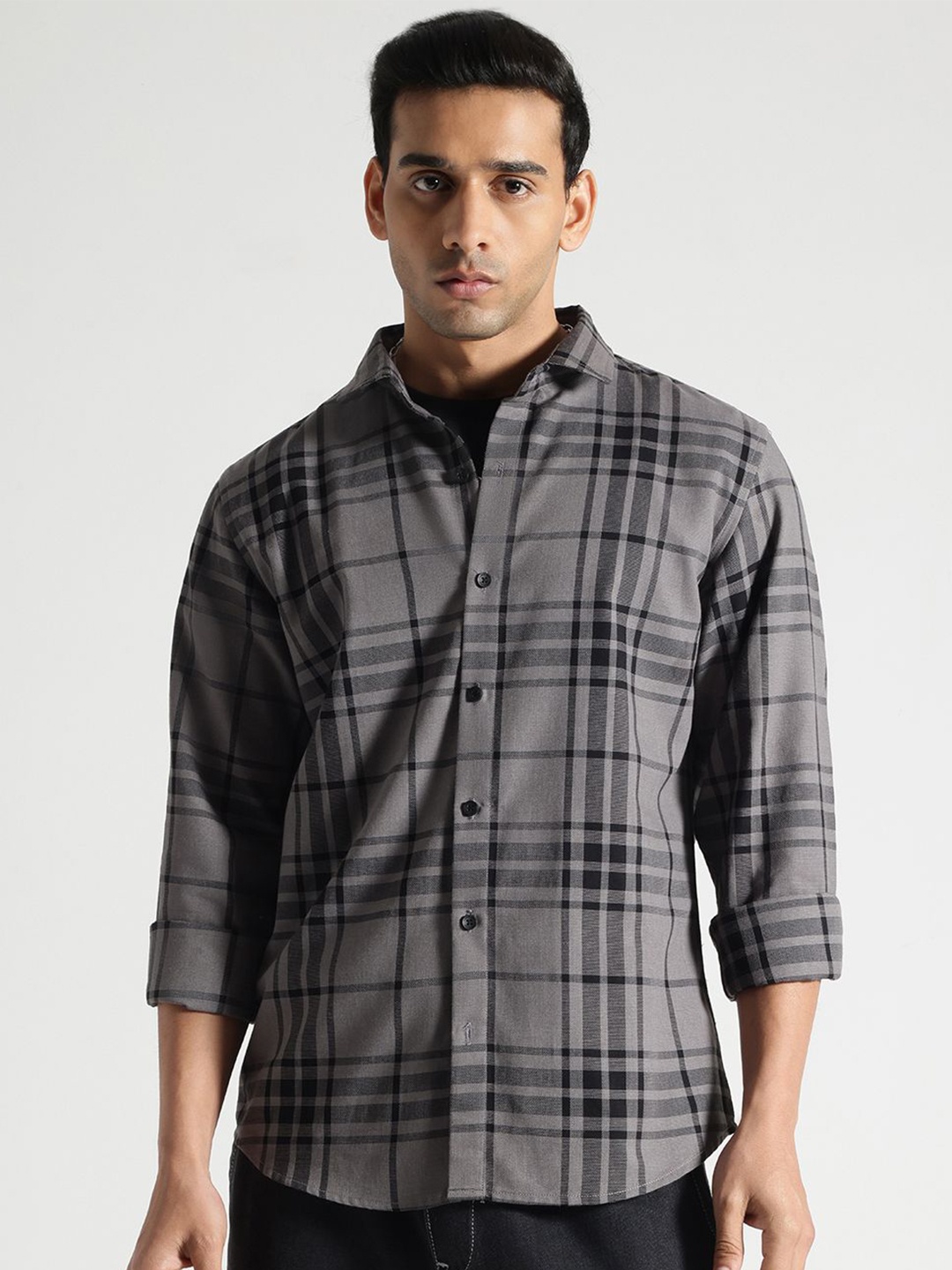 

Code 61 Men Standard Slim Fit Shepherd Checks Opaque Checked Casual Shirt, Grey