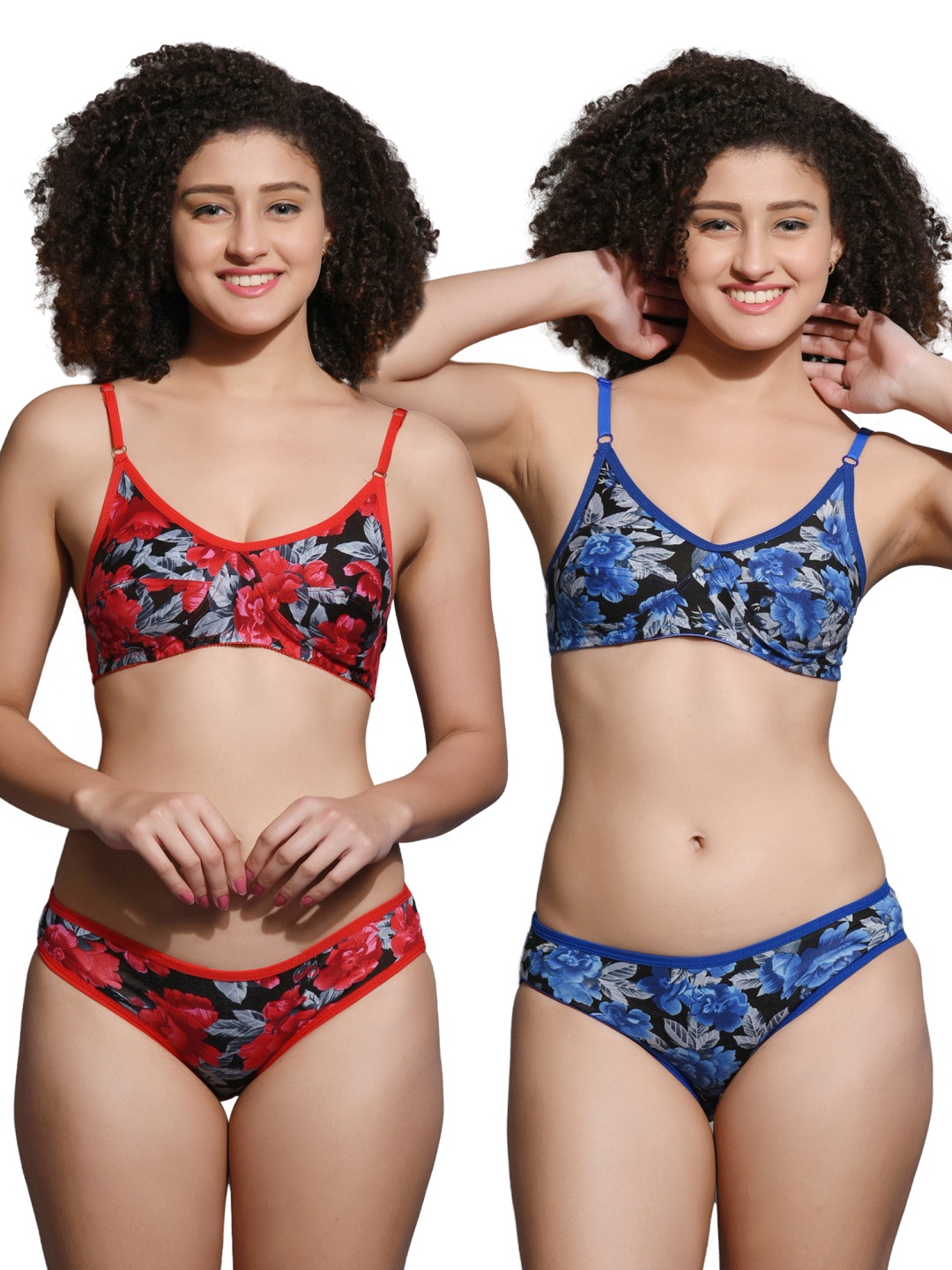 

chia fashions Pack Of 2 Cotton Floral Printed Non Padded Lingerie Set, Red