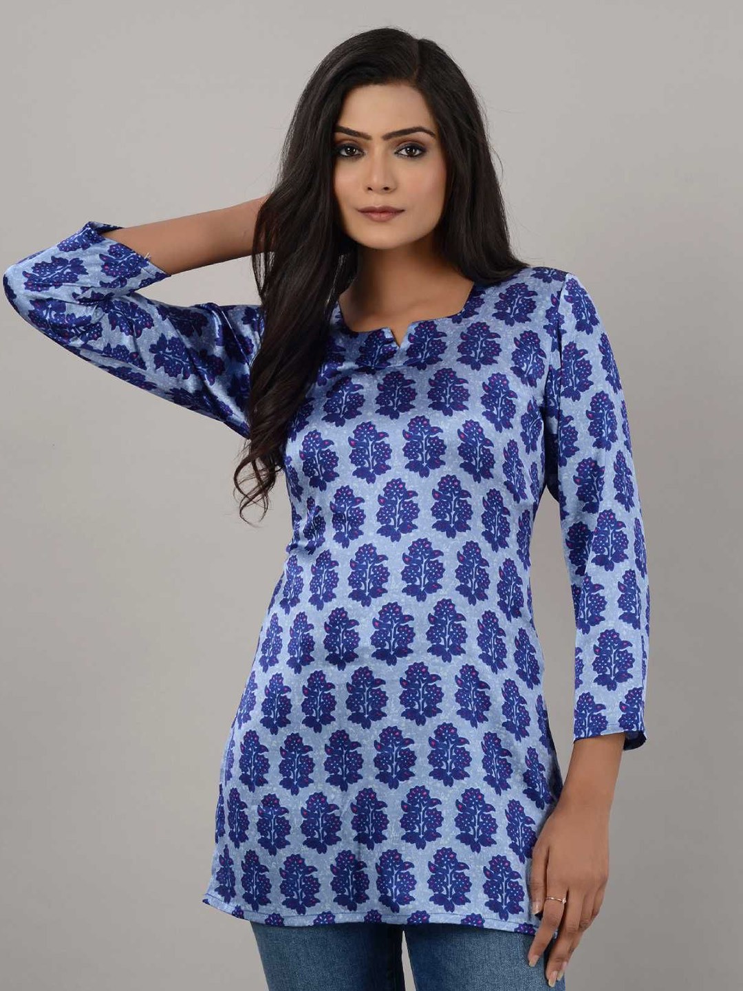 

TROMBOO Women Ethnic Printed Mandarin Collar Tunic, Blue