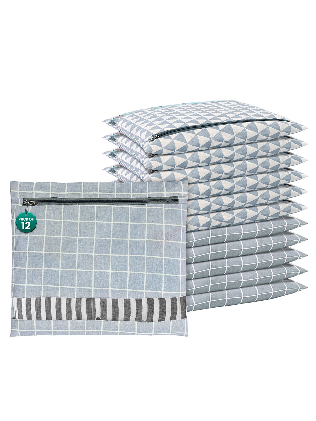 

Kuber Industries Grey & White 12 Pieces Checked Mesh Cotton Clothes Storage Organizers