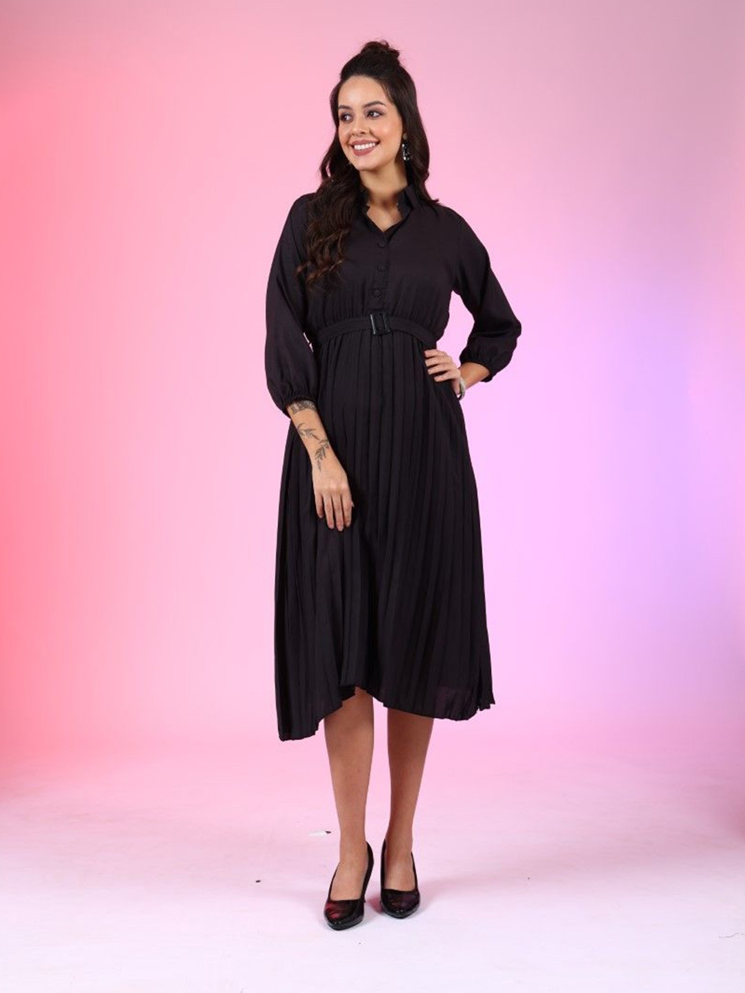 

Vastani Enterprise Shirt Collar Bishop Sleeves Crepe Fit & Flare Dress, Black