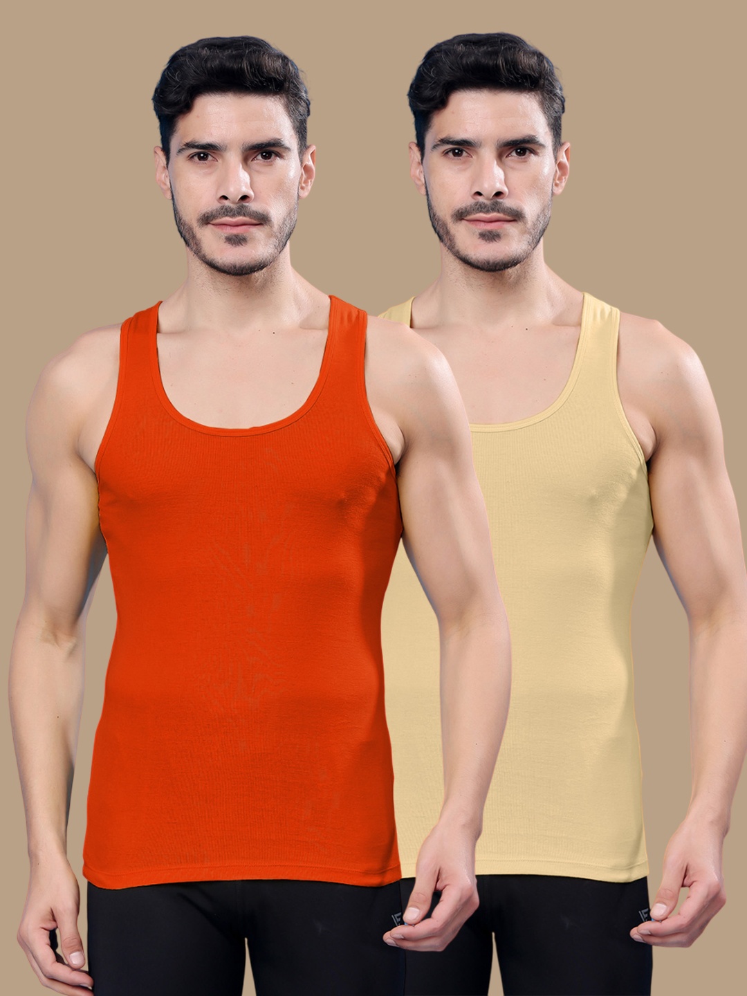 

Friskers Pack Of 2 Cotton Ribbed Gym Vest 24012025R-08-09, Orange