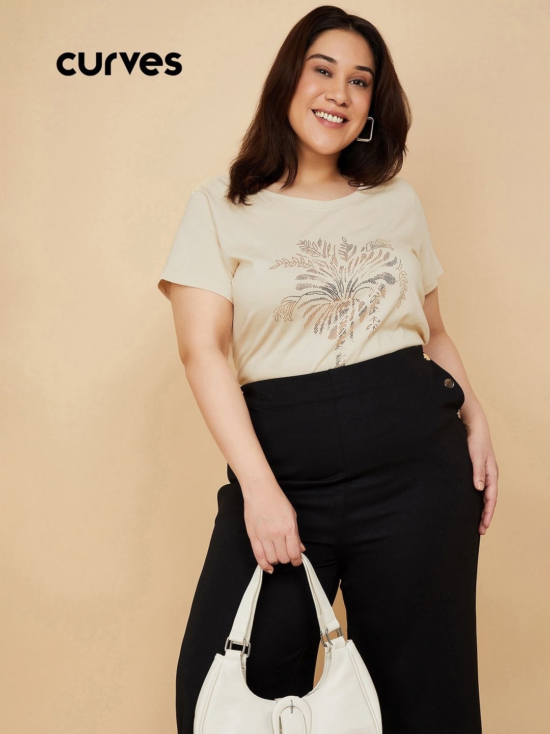 

Max Women Plus Size Typography Printed High Neck T-shirt, Beige
