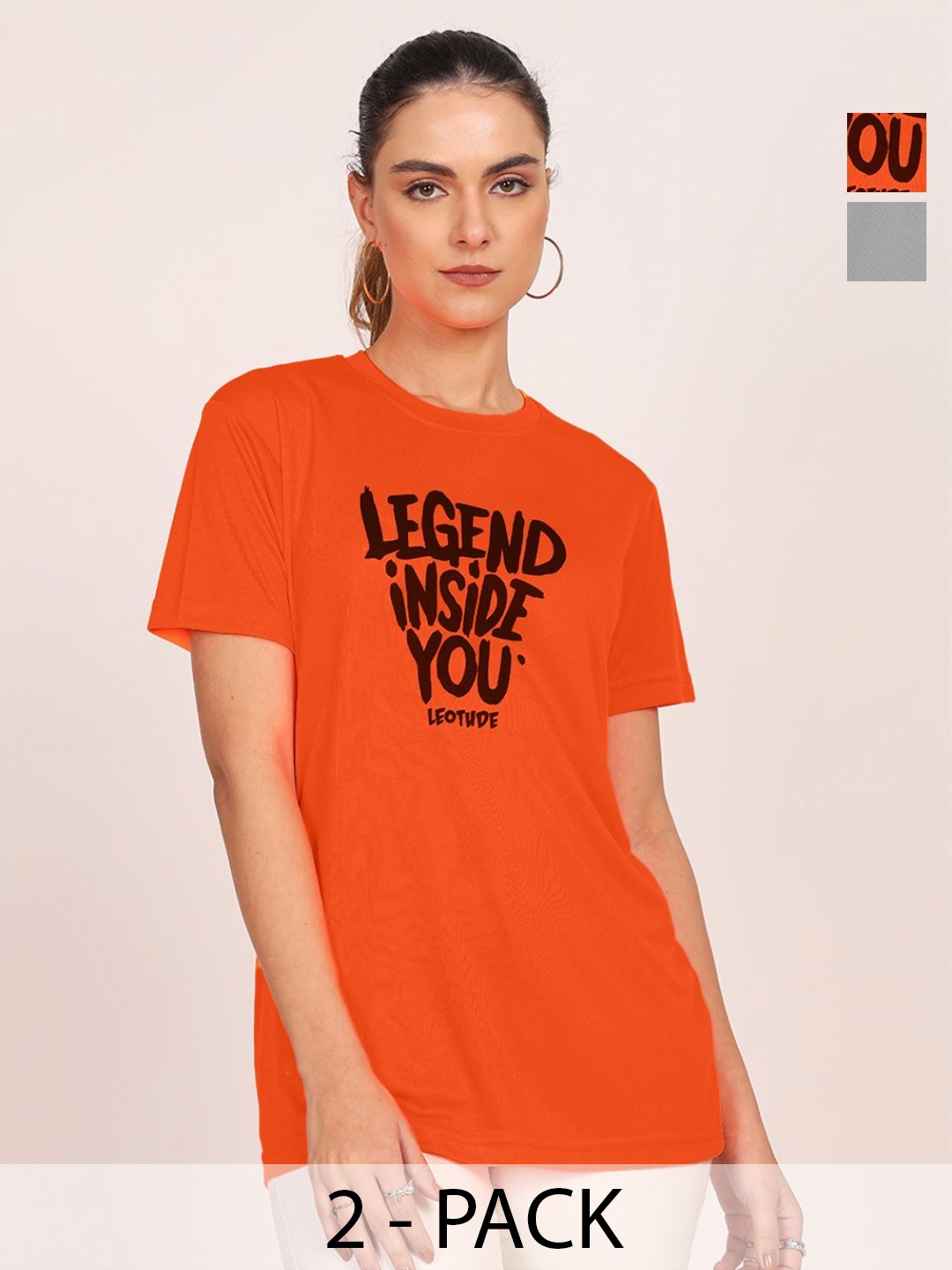 

Leotude Women Pack Of 2 Typography Printed Round Neck Cotton T-shirts, Multi