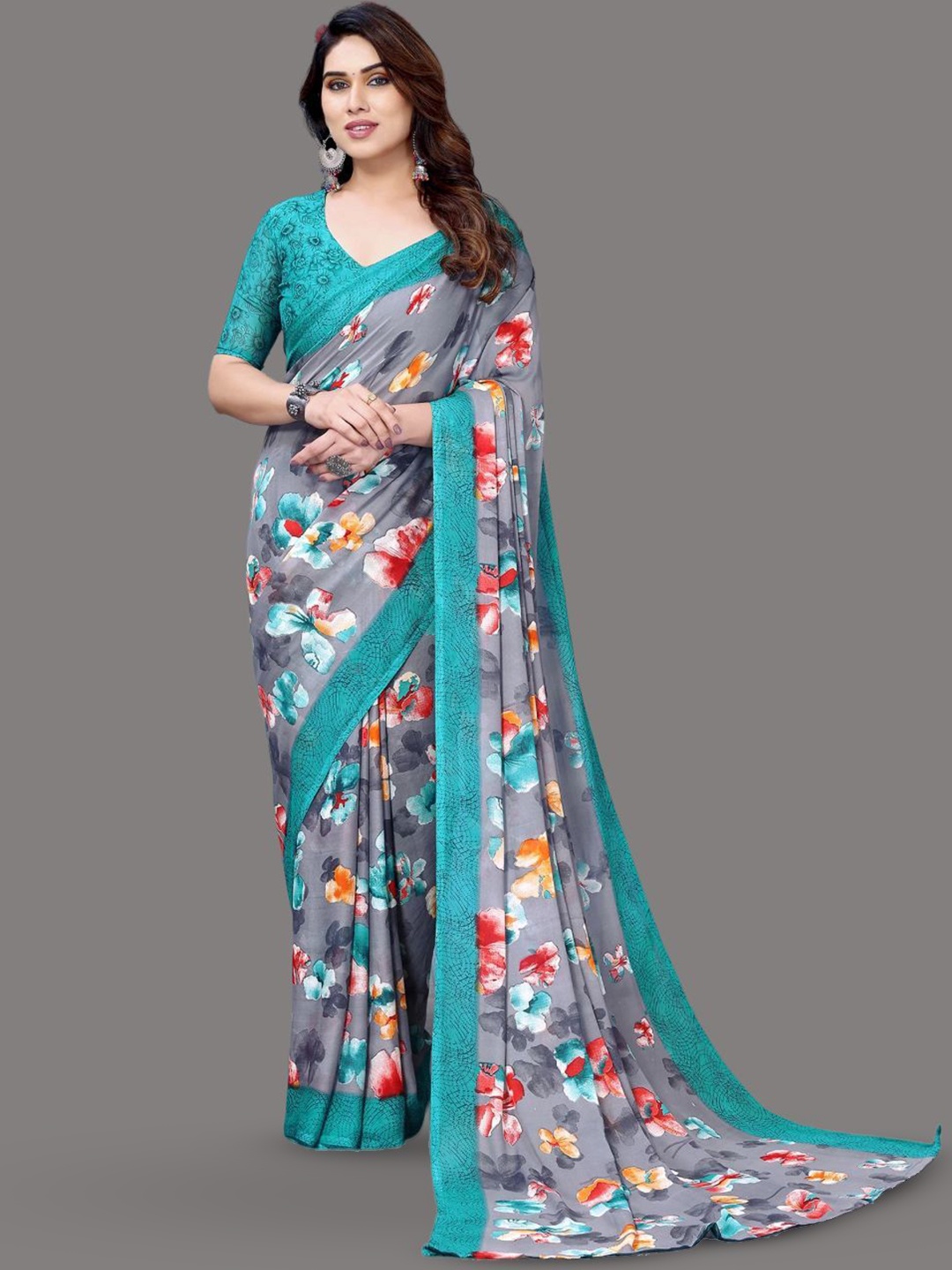 

HERE&NOW Floral Poly Georgette Saree, Grey