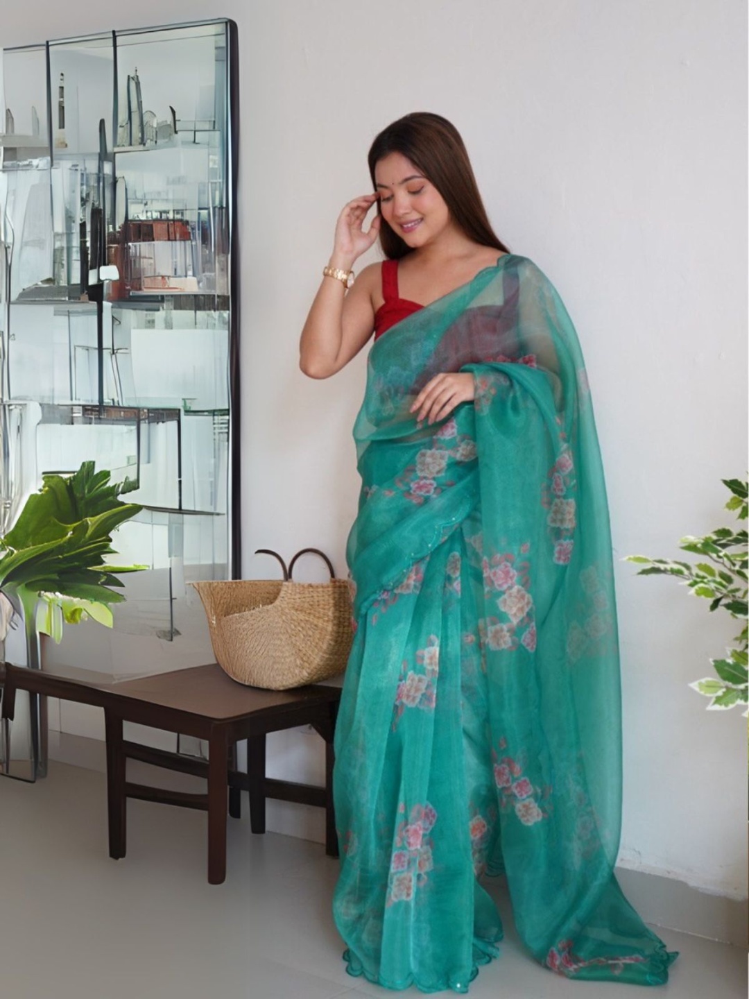 

ODETTE Floral Sequinned Organza Saree, Green
