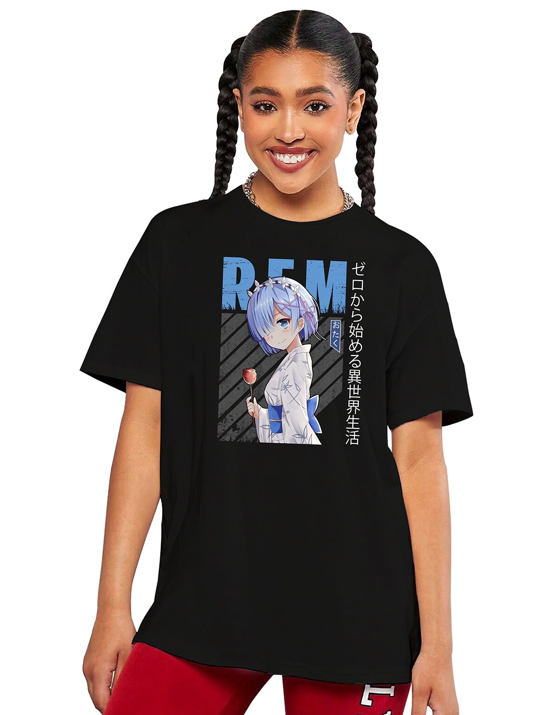 

MODARUE Girls Graphic Printed Round Neck Cotton Oversized T-shirt, Black