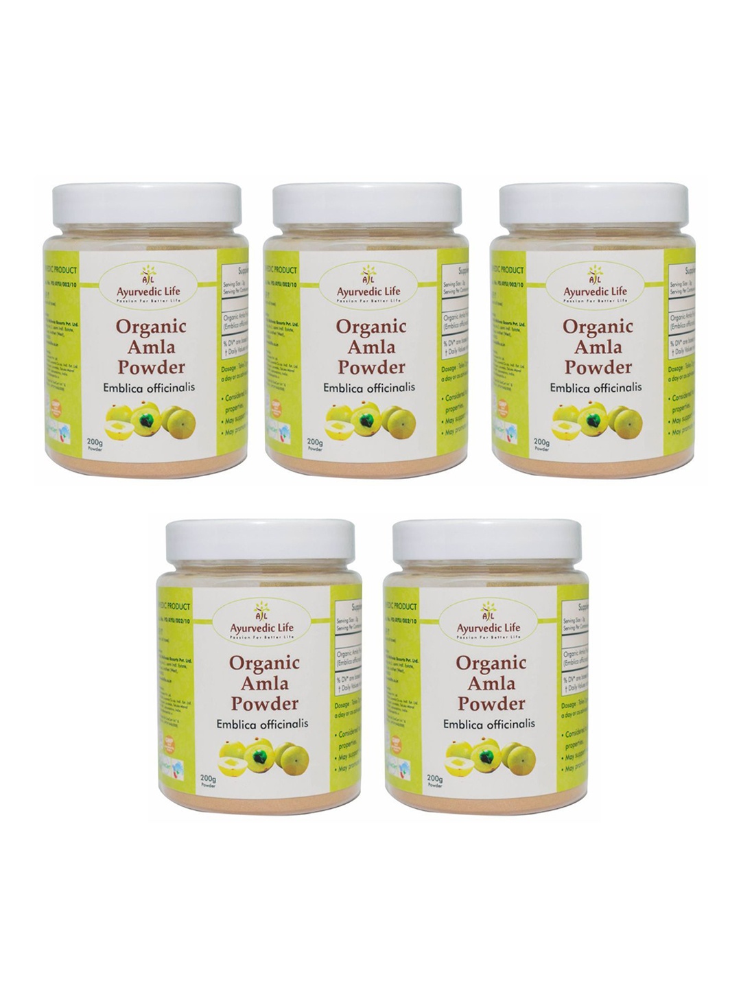 

Ayurvedic Life Set Of 5 Organic Amla Powder - 200 g Each, White