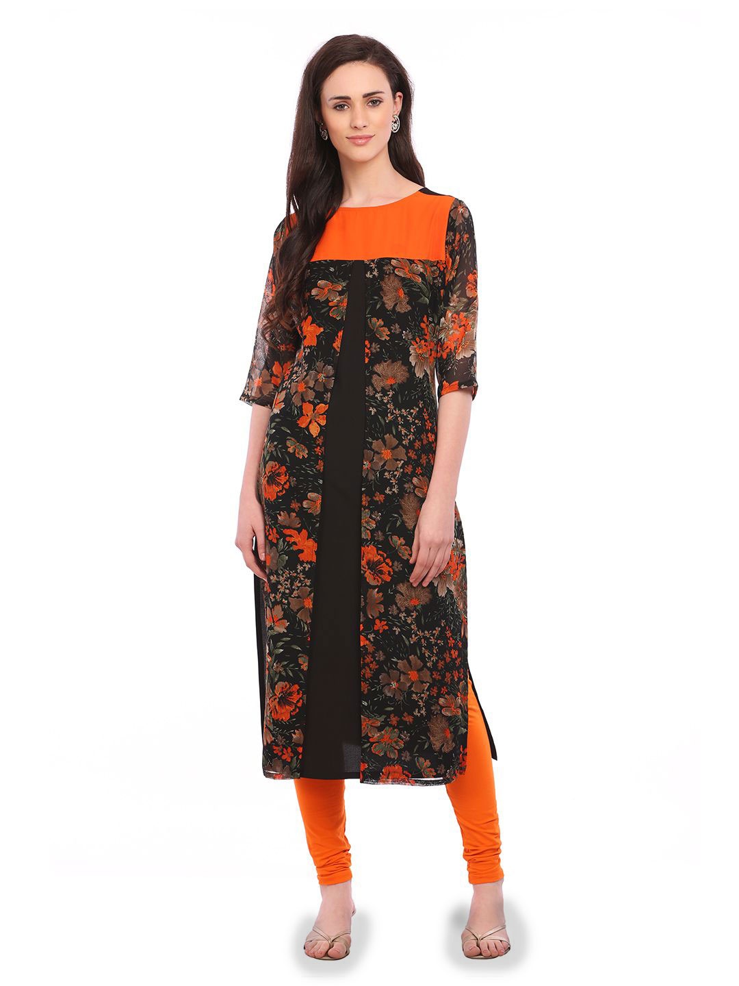 

VEGAL Floral Printed Round Neck Pure Georgette Straight Kurta, Orange