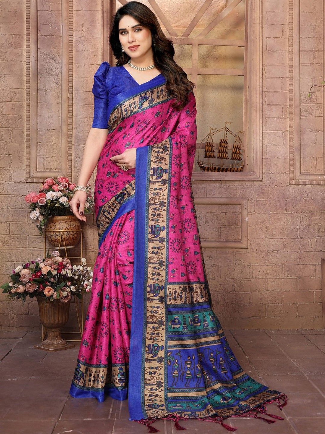 

KALINI Kalamkari Printed Saree, Pink