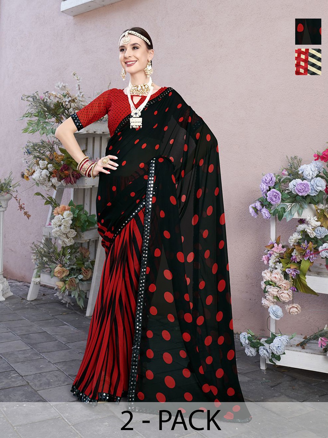 

Anouk Rustic Pack of 2 Polka Dots Printed Saree, Red