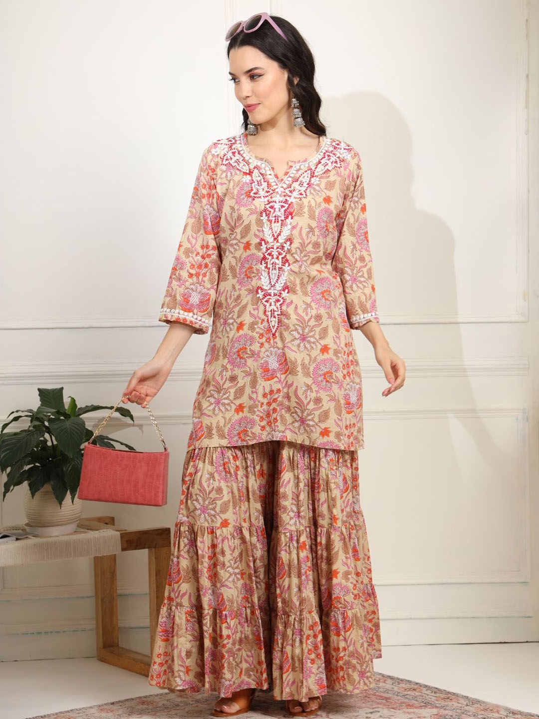 

SUFIZA LIFESTYLE Floral Printed Pure Cotton Straight Kurti With Sharara, Beige