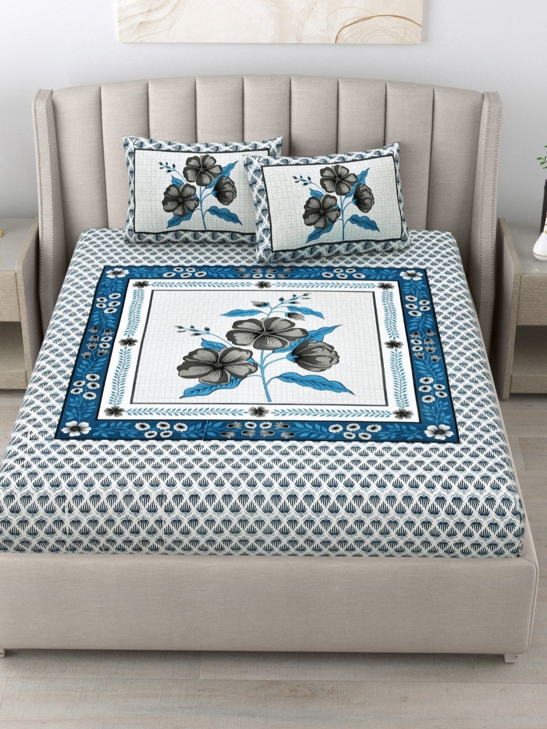 

JAIPUR FABRIC White & Blue Floral 180 TC King Bedsheet with 2 Pillow Covers