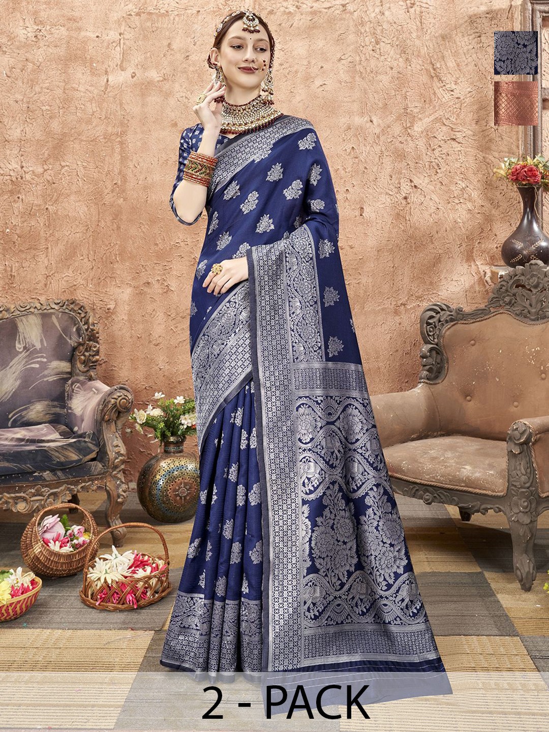 

Anouk Rustic Pack of 2 Woven Design Zari Banarasi Saree, Maroon