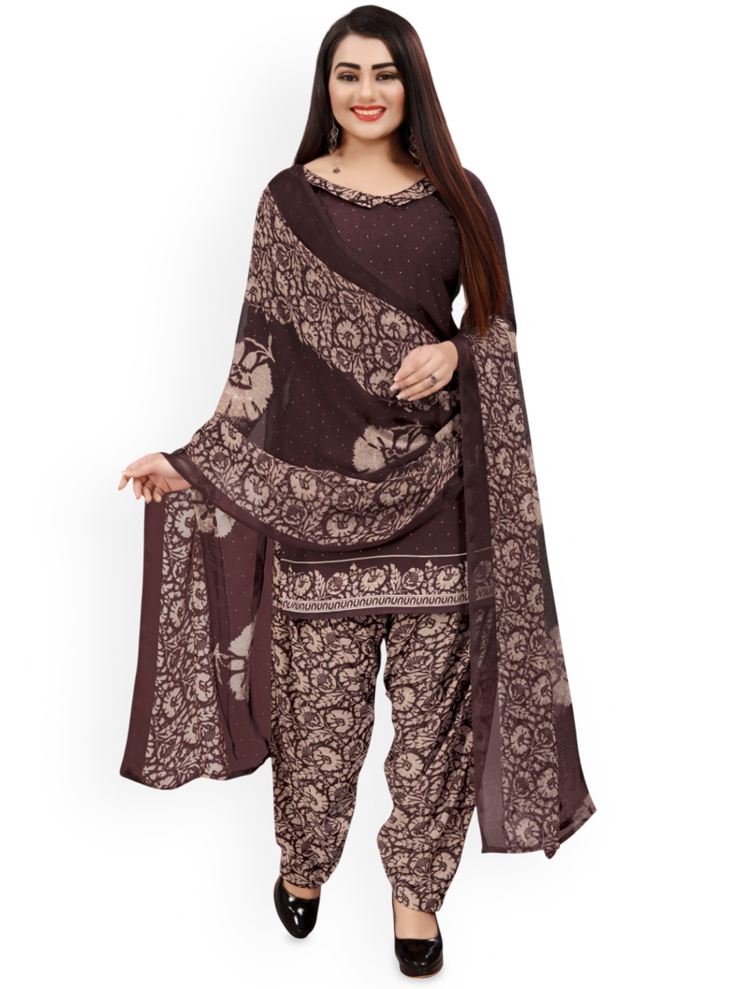 

HERE&NOW Floral Printed Unstitched Dress Material, Brown