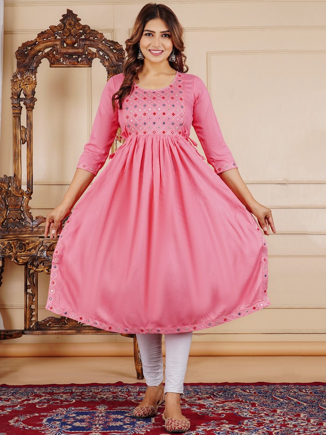 

TROPWEAR Pleated Geometric Embroidered Mirror Work Anarkali Maternity Kurta, Pink