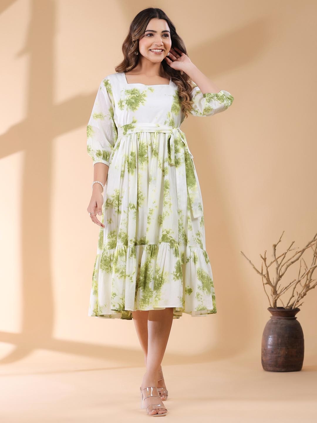 

Janasya Women White & Green Pure Cotton Tie & Dye Tiered Dress