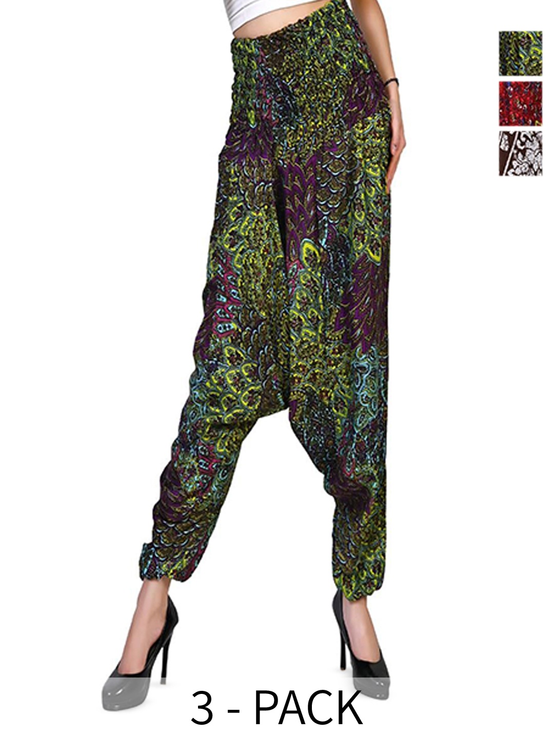 

NarNari Women Pack Of 3 Printed High-Rise Harem Pants, Green