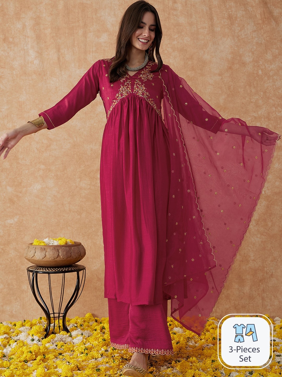 

Moda Rapido Floral Embroidered V-Neck Pleated Anarkali Kurta With Trousers & Dupatta, Pink